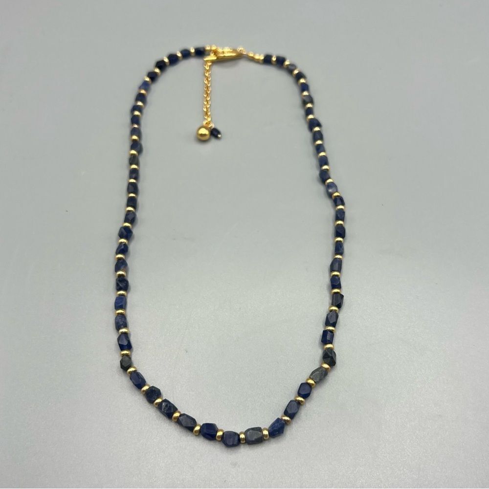 Women’s Blue Lapis Lazuli Gemstone Bead Necklace with Gold Accents - Picture 3 of 4